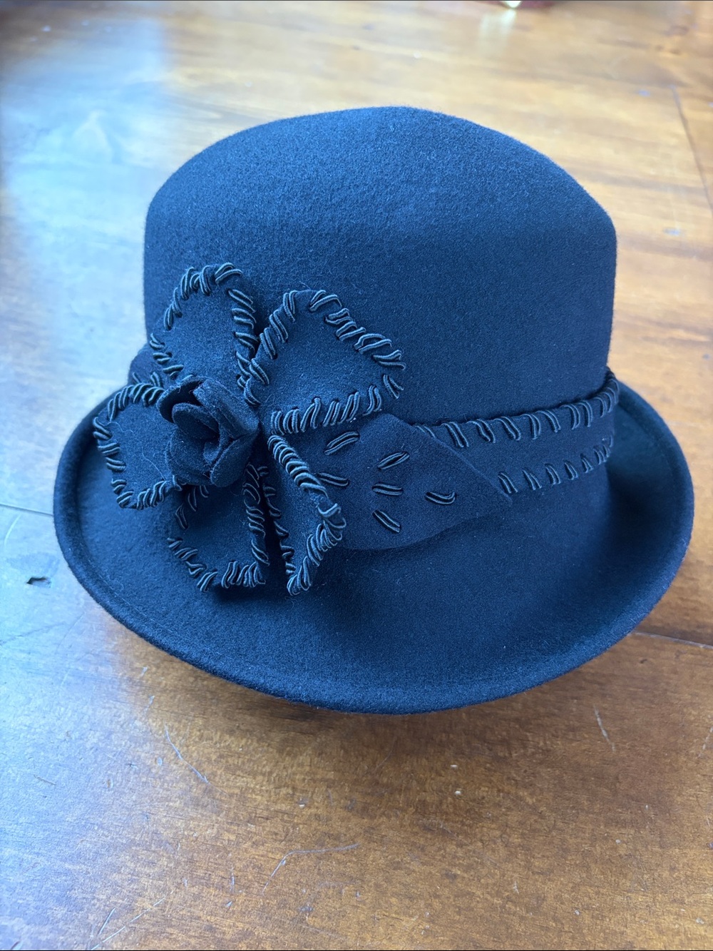 TOUCAN Collection NY 100% Wool Asymmetrical Hat with Flower Embellishment